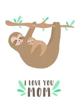 Vector isolated image of a cute sloth hugs baby on the branch. Hand-drawn car Stock Illustration