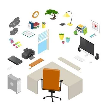 Vector isolated isometric office objects and furniture. Detailed 3D infographic Stock Illustration