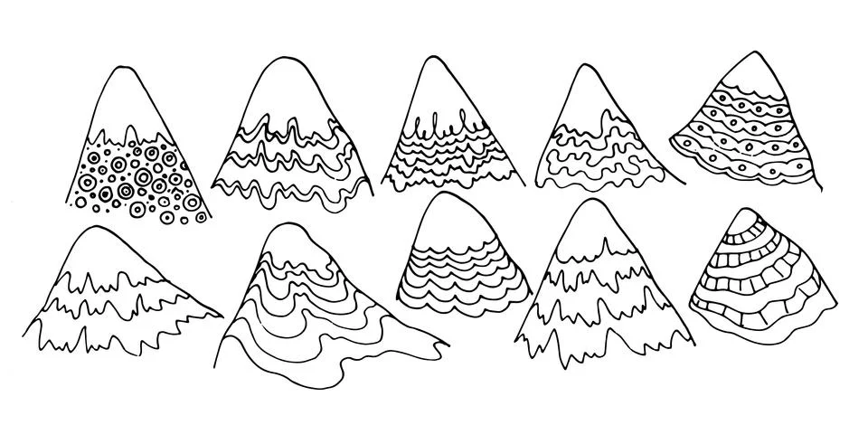 Vector isolated mountain set with a texture pattern of lines and dots. hand Illustrazione stock