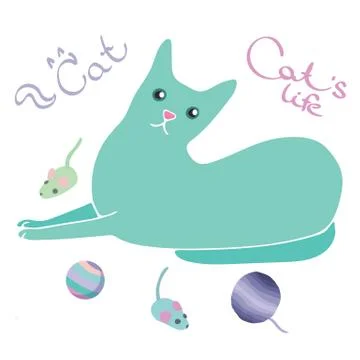 Vector isolated multicolored cat. set of cat and cat toys. Stock Illustration