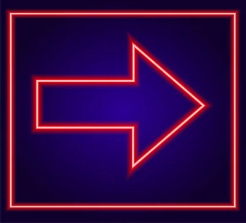 Vector isolated neon arrow of red color in a red rectangular frame on a dark Stock Illustration
