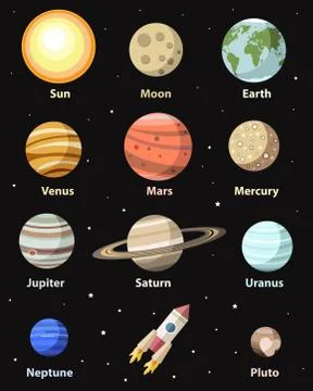 Vector isolated planets and astronomical bodies,colorful flat style illustration Stock Illustration