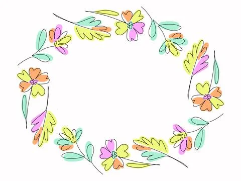 Vector isolated Round Flower frame, pastel wedding plant border, oval one line Stock Illustration