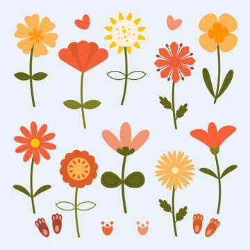 Vector Isolated set with cute spring flowers and animal prints in a flat ca.. Stock Illustration