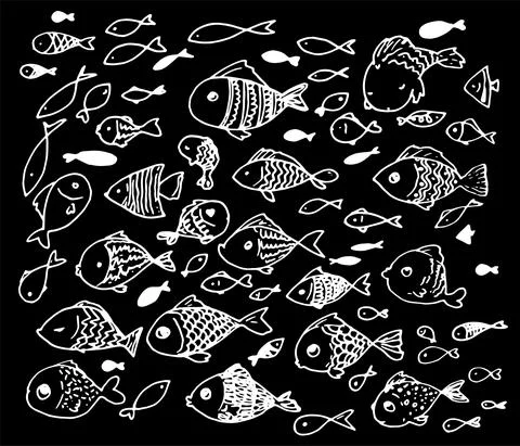 Vector isolated set of different fish with a white color pattern on a black Stock Illustration