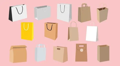 Vector Isolated Set of Different Paper Bags or Take Away Boxes Illustrazione stock