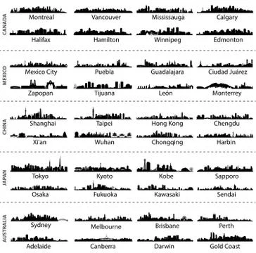 Vector isolated skylines of Canada, Mexico, China, Japan and Australia cities Stock Illustration