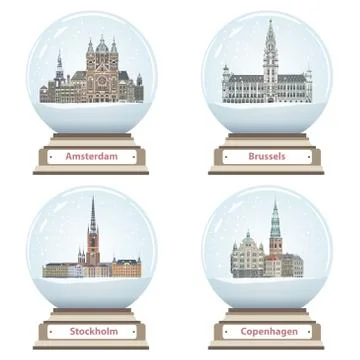 Vector isolated snow globes with Amsterdam, Brussels, Stockholm and Copenhagen c Stock Illustration