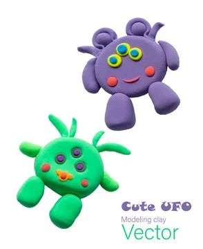Vector, isolated UFO figurines made of plasticine. Bright funny, cute green.. Illustrazione stock