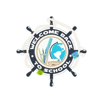 Vector isolated Welcome back to school flat label with steering wheel, rope,  Stock Illustration