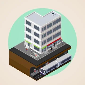 Vector isometric 3d illustration of city street, building and metro (subway or Ilustración de archivo