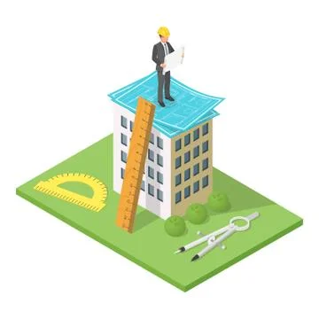Vector isometric 3d illustration of city building with blueprints. Architectu Stock Illustration