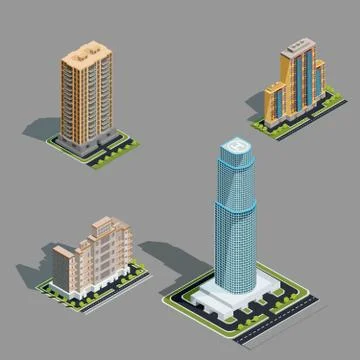 Vector isometric 3D illustrations of modern urban buildings Stock-Illustration