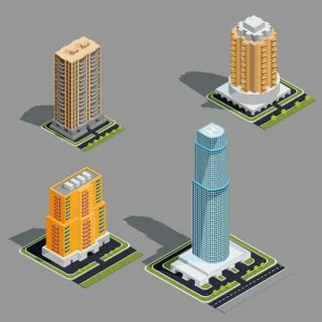 Vector isometric 3D illustrations of modern urban buildings Ilustración de archivo
