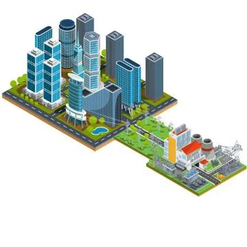 Vector isometric 3D illustrations of modern urban quarter with skyscrapers and a Stock-Illustration