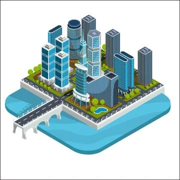 Vector isometric 3D illustrations of modern urban quarter with skyscrapers Stock-Illustration