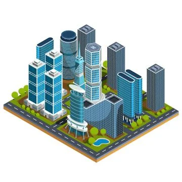 Vector isometric 3D illustrations of modern urban quarter with skyscrapers Stock-Illustration