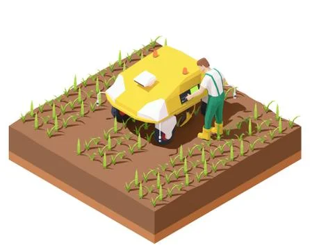 Vector isometric agricultural robot EV working in crop field Stock Illustration
