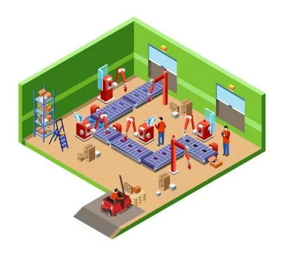 Vector isometric automatic robotic assembly line Stock Illustration