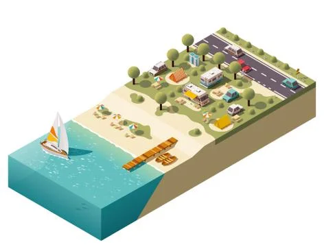 Vector isometric beach camping Stock Illustration