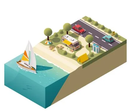 Vector isometric beach camping Stock Illustration