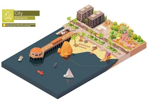 Vector isometric beach pier and amusement park Stock Illustration