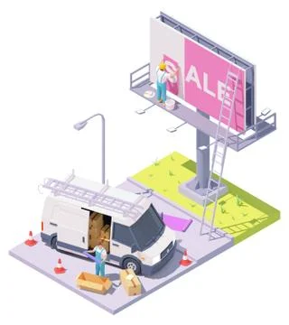 Vector isometric billboard fixing Stock Illustration