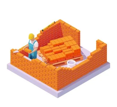Vector isometric bricklayer building brick wall Stock Illustration