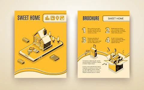 Vector isometric brochure template with house moving Stock Illustration