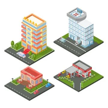 Vector isometric buildings set Illustrazione stock