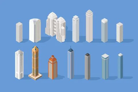 Vector isometric buildings set. Skyscraper and hotel, office building,house Illustrazione stock