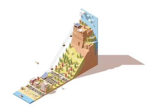Vector isometric cableway from the beach to the hill infographic Stock Illustration