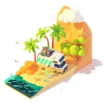 Vector isometric camper on the beach Stock Illustration