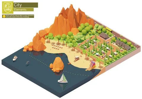 Vector isometric caravan trailer park on the beach Stock Illustration