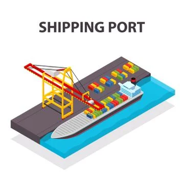 Vector isometric cargo container ship and crane concept Stock Illustration