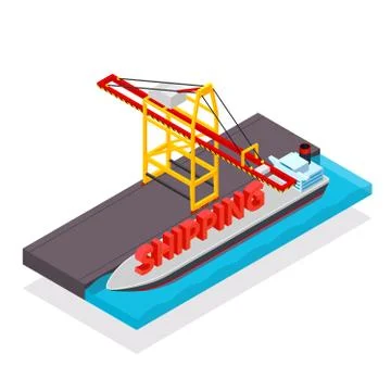 Vector isometric cargo container ship and crane 스톡 일러스트