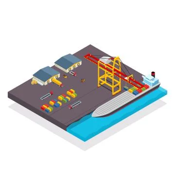 Vector isometric cargo container ship and crane concept with loading containe Illustrazione stock