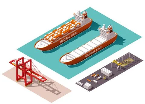 Vector isometric cargo port elements Stock Illustration