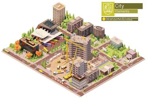 Vector isometric city block with construction site Stock Illustration