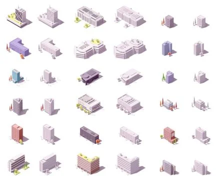 Vector isometric city buildings set Stock Illustration