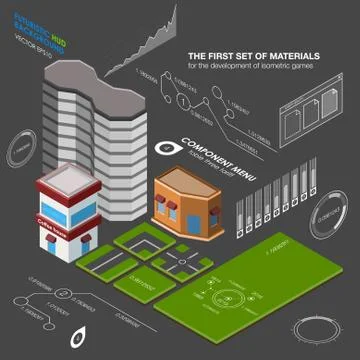 Vector isometric city elements - buildings, land, road. Abstract isometric HUD Ilustración de archivo