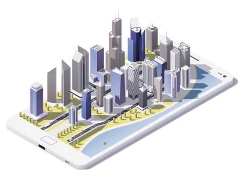 Vector isometric city on the smartphone screen Stock Illustration