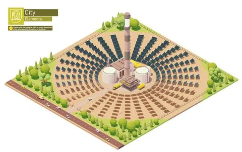 Vector isometric concentrated solar power plant or station Stock Illustration