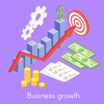 Vector isometric concept for business growth, money and list of goals. Illustrazione stock