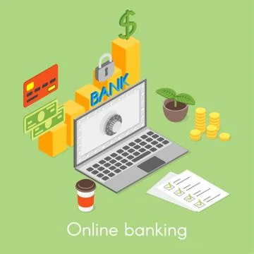 Vector isometric concept for online banking, credit card, money, padlock. Stock Illustration