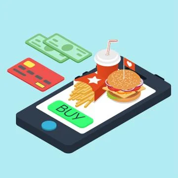 Vector isometric concept for online purchase of fast food. Stock Illustration