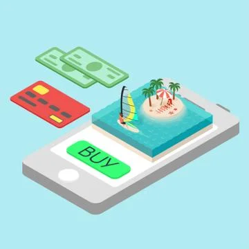 Vector isometric concept for online purchase touristic tour. Credit card, mon Stock Illustration