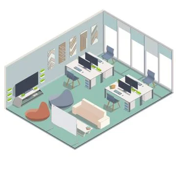 Vector isometric corporate office interior. Office furniture, cubicle desk Stock Illustration
