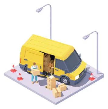 Vector isometric courier with parcels and delivery van Stock Illustration