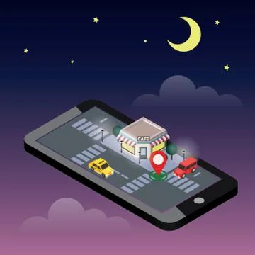 Vector isometric of cozy cafe. Restaurant building with parking lot, cars and Stock Illustration